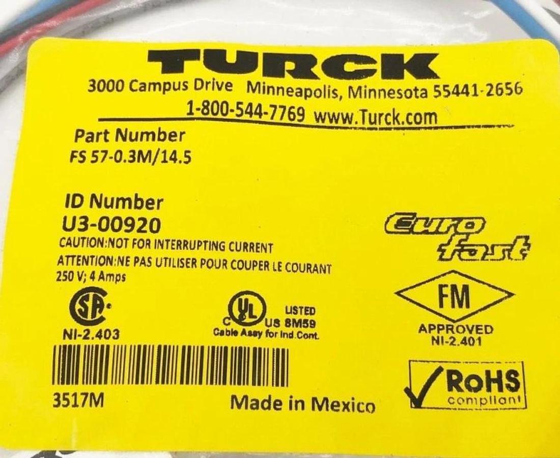 Lot of 2 New Turck FS 57-0.3M/14.5 Male Single End Receptacles 250VAC 4A