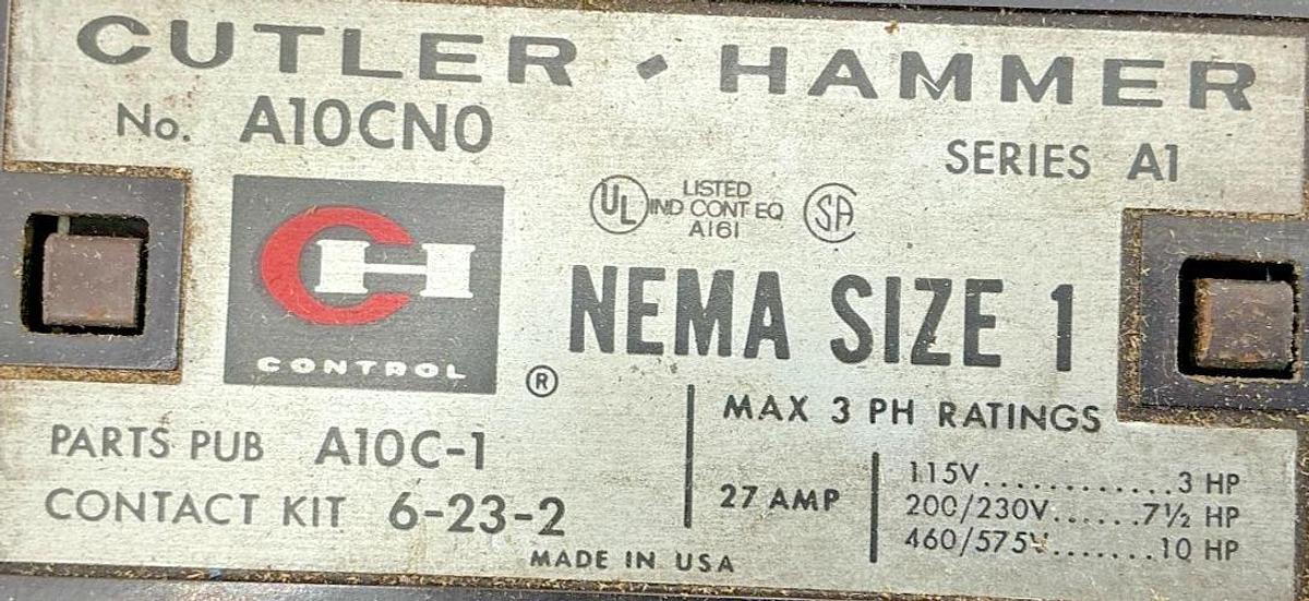 Used Cutler-Hammer A10CN0A Ser A1 Motor Starter / Contactor 3PH 27A 110/120V 50/60HZ