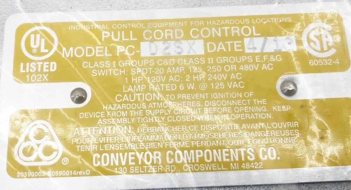 New Conveyor Components PC-D2SX Pull Cord Control SPDT 20A 125/250/480VAC