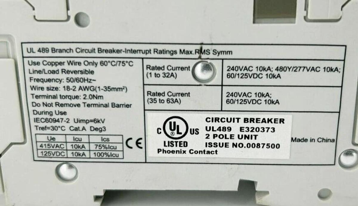 New Phoenix Contact TMC 82D 02A Circuit Breaker 240VAC 2907652