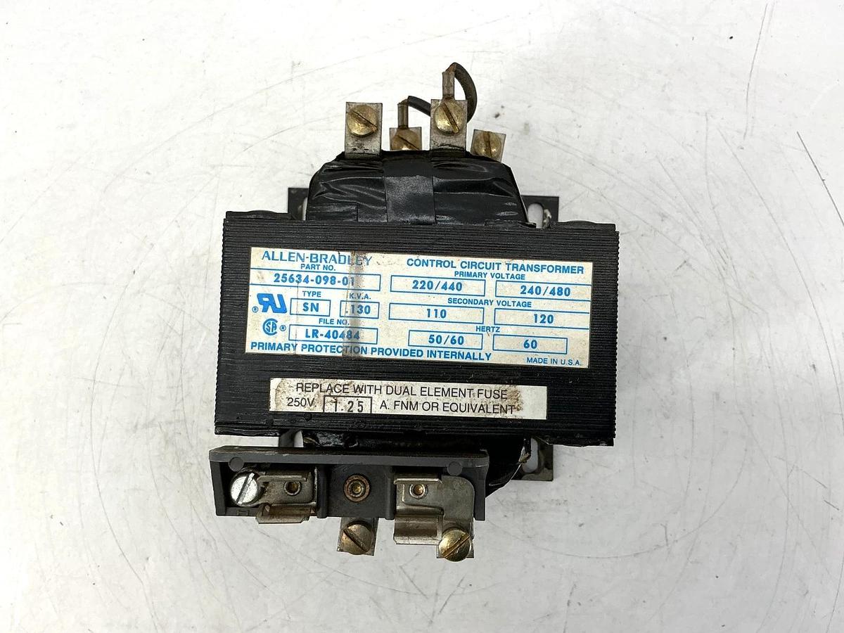 Used Allen Bradley 25634-098-01 Control Transformer Prime: 240/480V 2nd: 120V .130KVA
