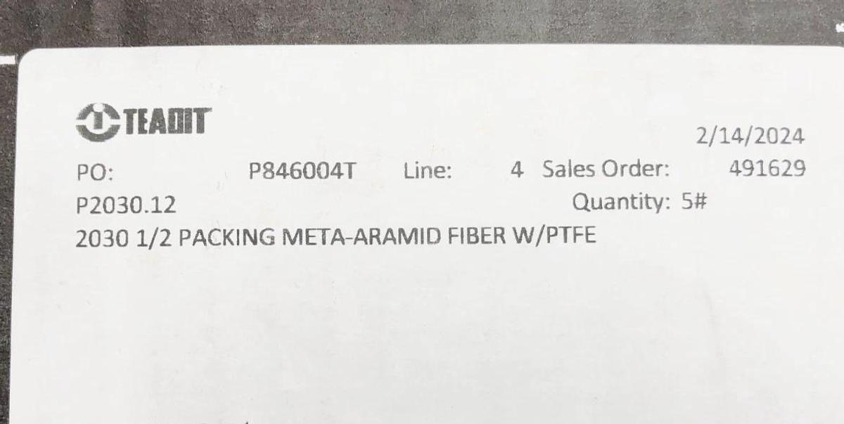 New Teadit P2030.12 Packing Meta-Aramid Fiber w/ PTFE 2030 1/2" 5LB Reel