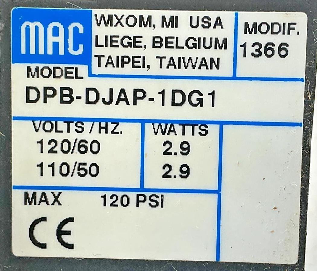 New MAC Valves DPB-DJAP-1DG1 Solenoid Valve 2.9Watts 120PSI 110/120VAC - No Box
