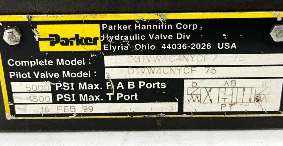 Used Parker D31VW4C4NYCF7-75 Hydraulic Valve Body Only 5000psi