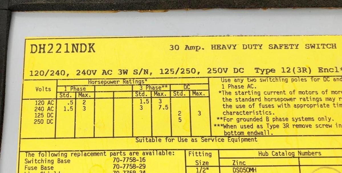 Used Cutler-Hammer DH221NDK Safety Switch Disconnect 30A 250VAC/DC