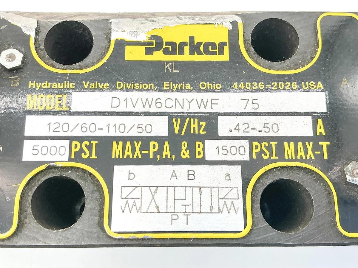 Used Parker D1VW6CNYWF 75 Solenoid Valve 5000PSI 110/120V 50/60Hz .50A