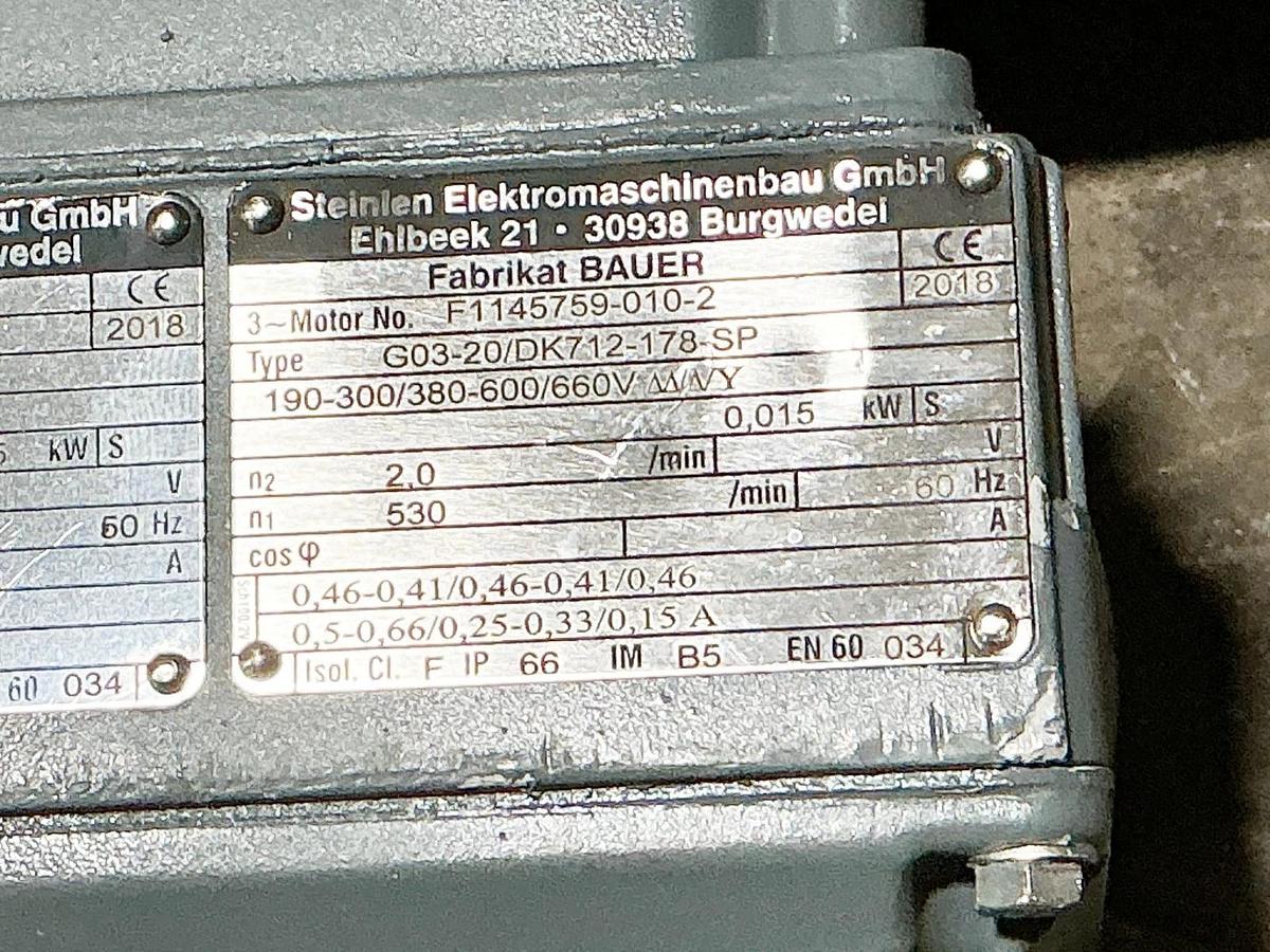 New Bauer F1145759-010-2 Gear Motor Type G03-20/DK712-178-SP 0.015KW 2 RPM 60Hz