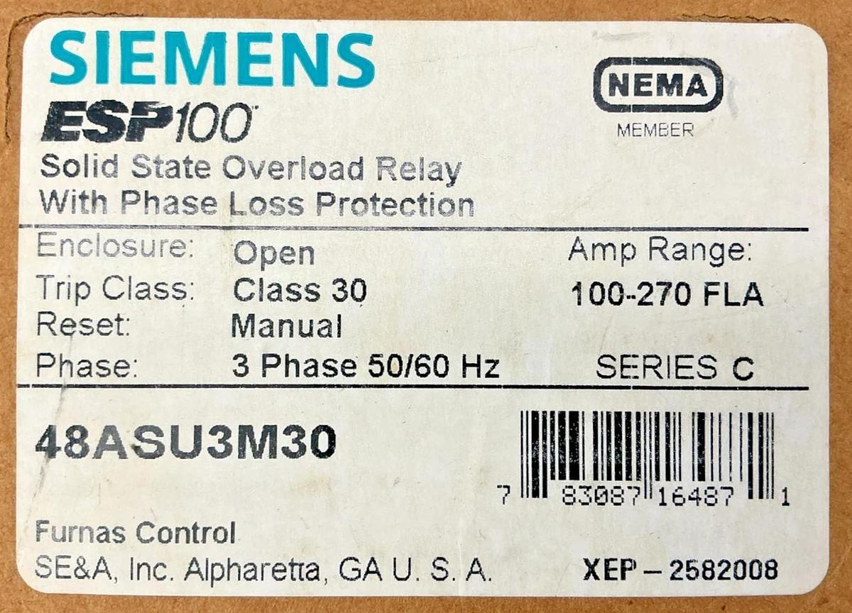 New Siemens 48ASU3M30 Ser C Overload Relay Solid State 3PH 50/60HZ 100-270FLA