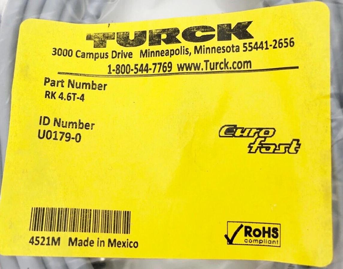 New Turck RK 4.6T-4 Eurofast Cordset U0179-0