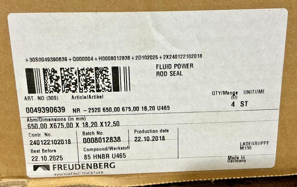 Box of 4 New Freudenberg 0049390639 Fluid Power Rod Seal 650x675x18,20x12,50