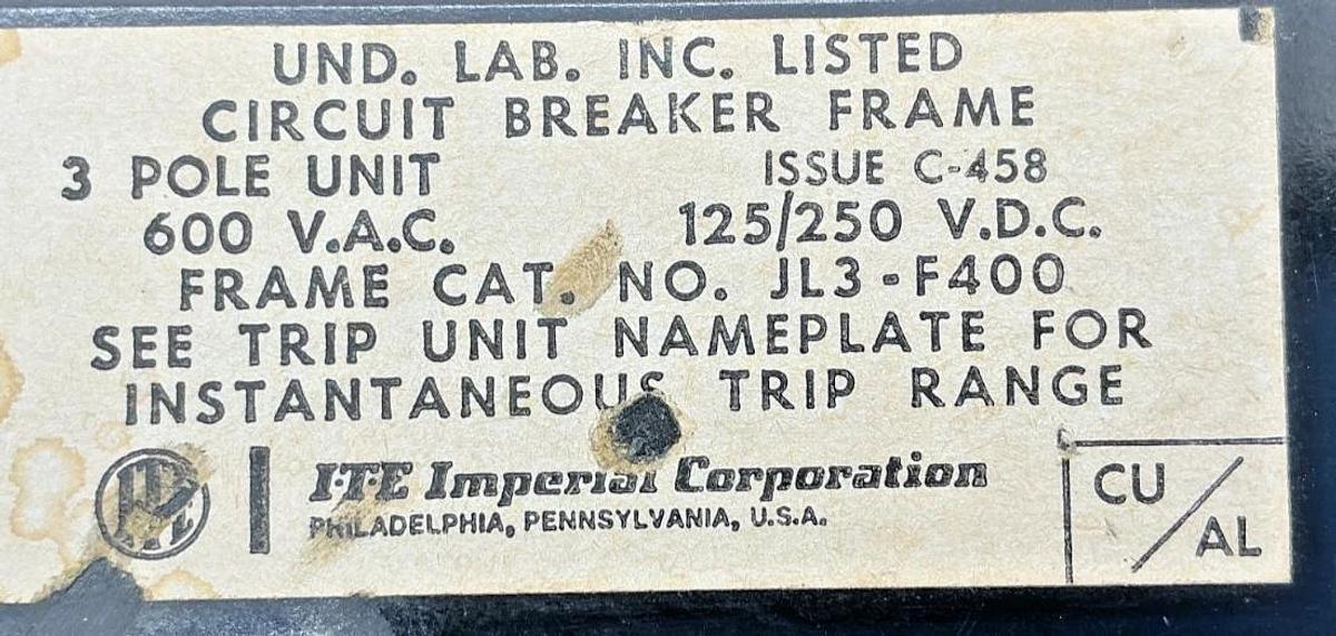 Used ITE JL3-F400 Circuit Breaker 3-Pole 3-Phase 400A 600VAC