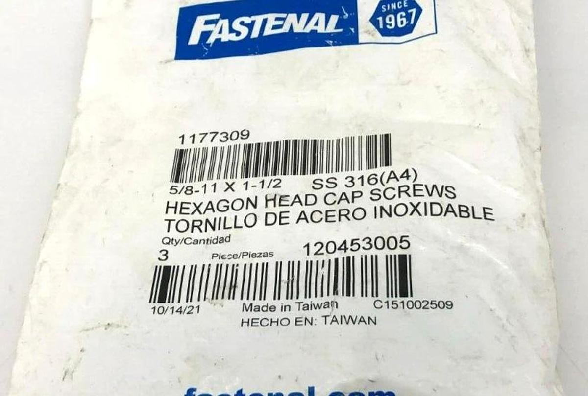 Lot of 9 New Fastenal 1177309 Stainless Steel Hex Cap Screw 5/8"-11 x 1-1/2"