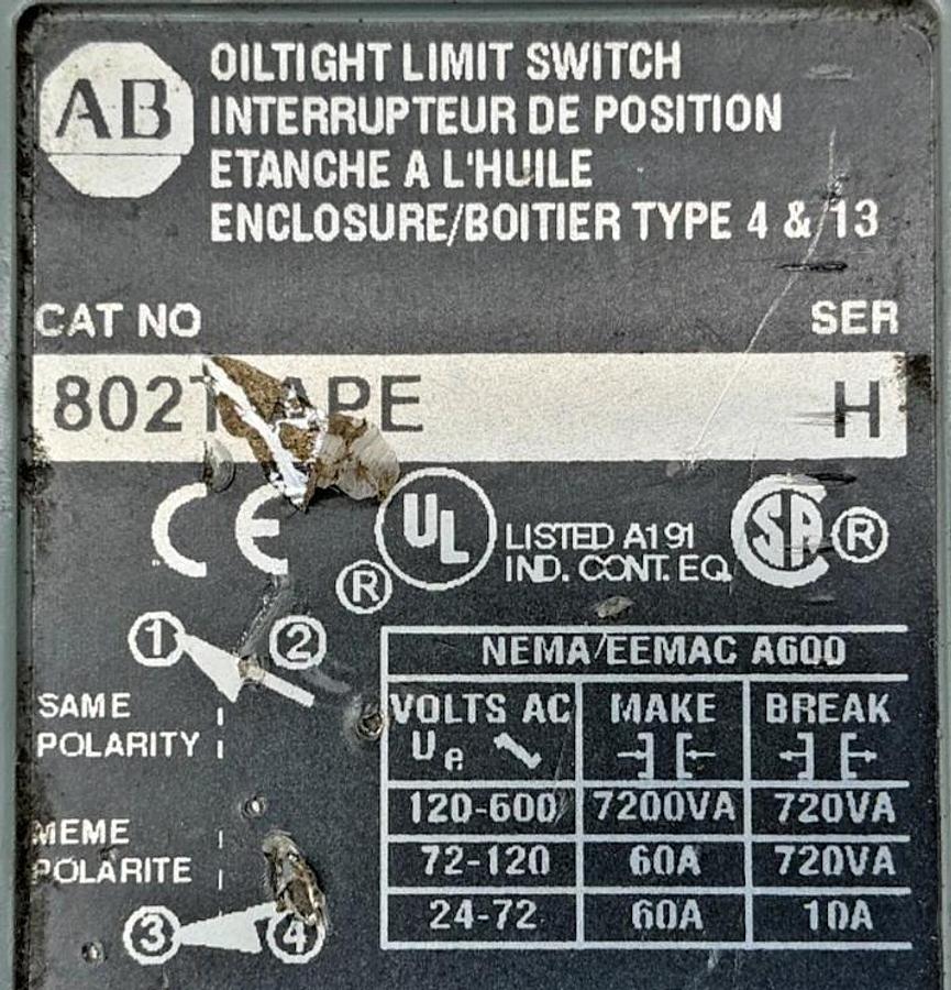 Used Allen Bradley 802T-APE Ser H Oiltight Limit Switch Plug-In Lever Type 10A 600VAC