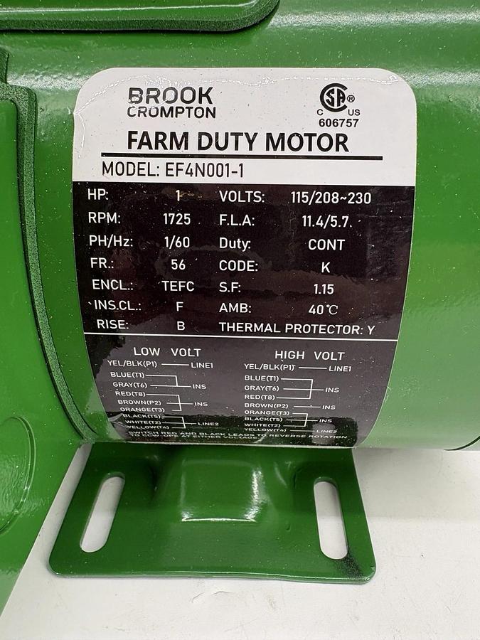 New Brook Crompton EF4N001-1 Farm Duty Motor 1HP 115/230V 1PH 1725RPM 56 Frame