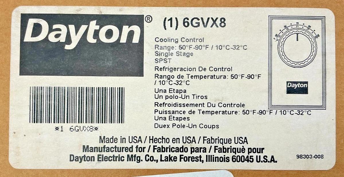 New Dayton 6GVX8 Thermostat Cooling Control 50°-90°F On/Off 277VAC Single Stage