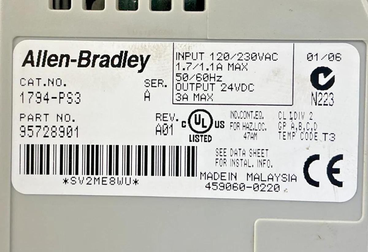 Used Allen Bradley 1794-PS3 Ser AFlex I/O Power Supply IN 120/230VAC OUT 24VDC 3A