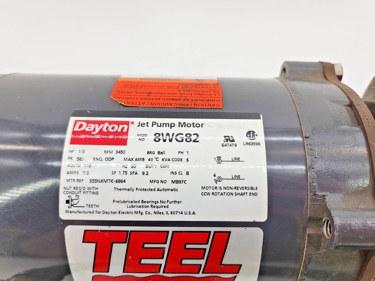 Used Dayton 8WG82 Jet Pump Motor W/ Teel 1P831 Transfer Pump 1/3HP 3450RPM 7A