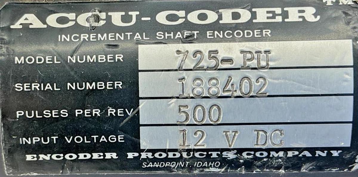 Used ACCU-CODER 725-PU Incremental Shaft Encoder 12VDC 500 Pulse Per Rev