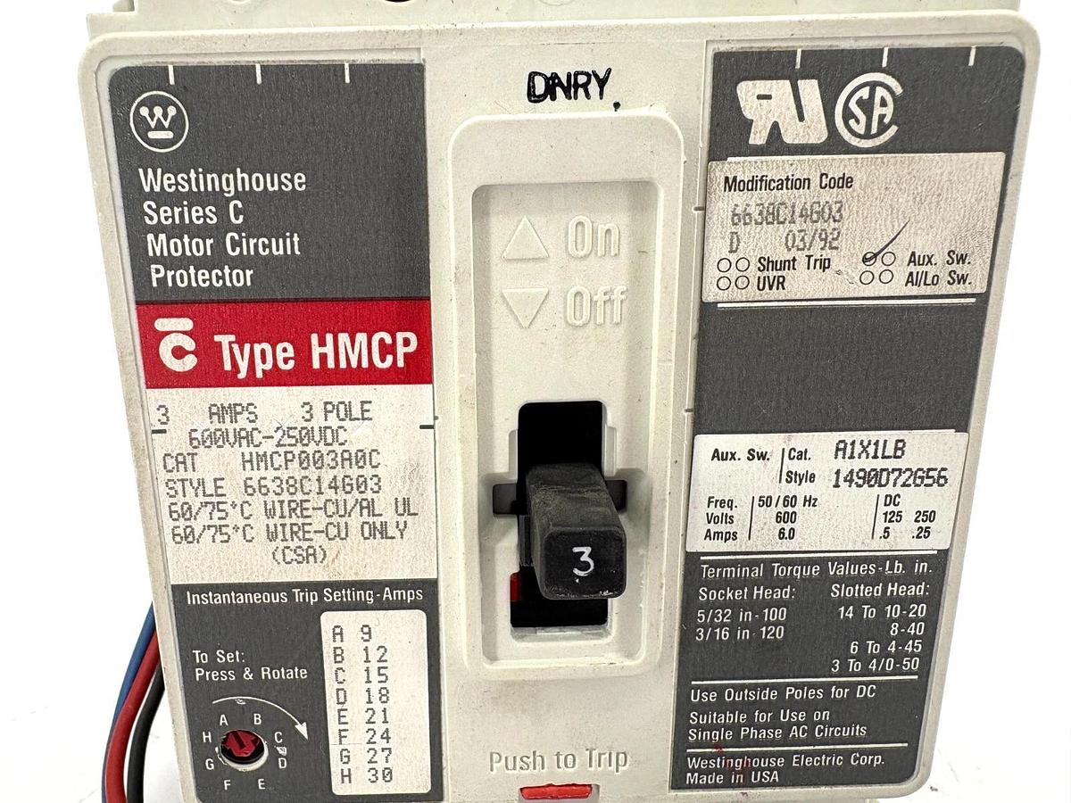 Used Westinghouse HMCP003A0C 3A Circuit Breaker w/ A1X1LB Aux. Switch 3P 600VAC 250VD
