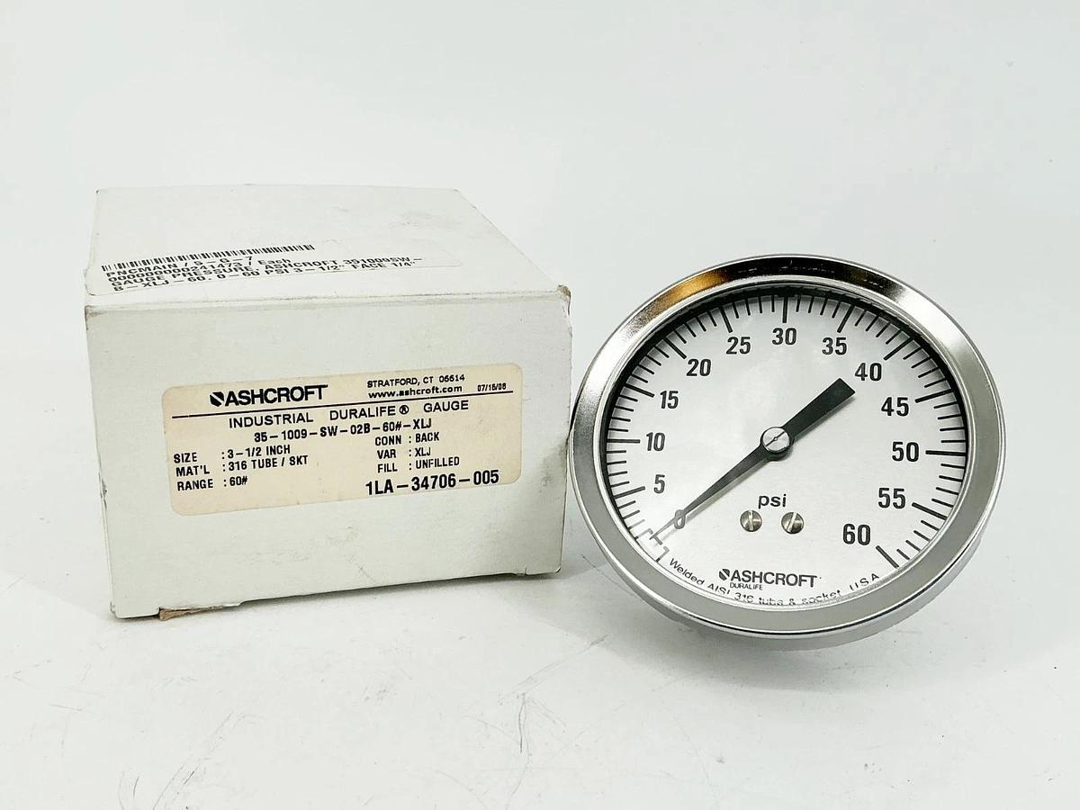 New Ashcroft 35-1009-SW-02B-60#-XLJ Pressure Gauge 3-1/2" 60PSI 316 Tube
