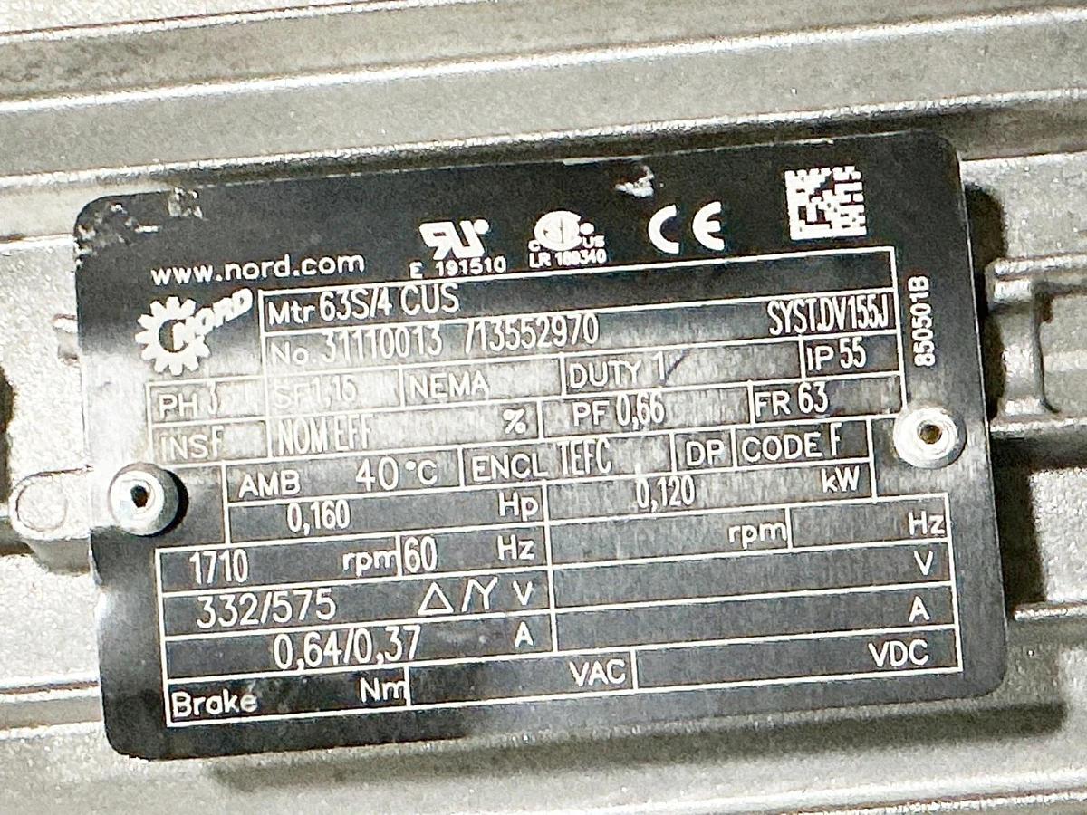 New Nord Gear SK1-SI50/H10F-N56C-63-S/4-CU Gearmotor 8.5RPM Output 575V .16HP