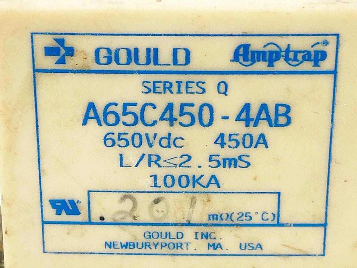 Used Gould A65C450-4AB Fuse 450A 650VDC 100KA Interrupt Rating 2,5MS Response Time