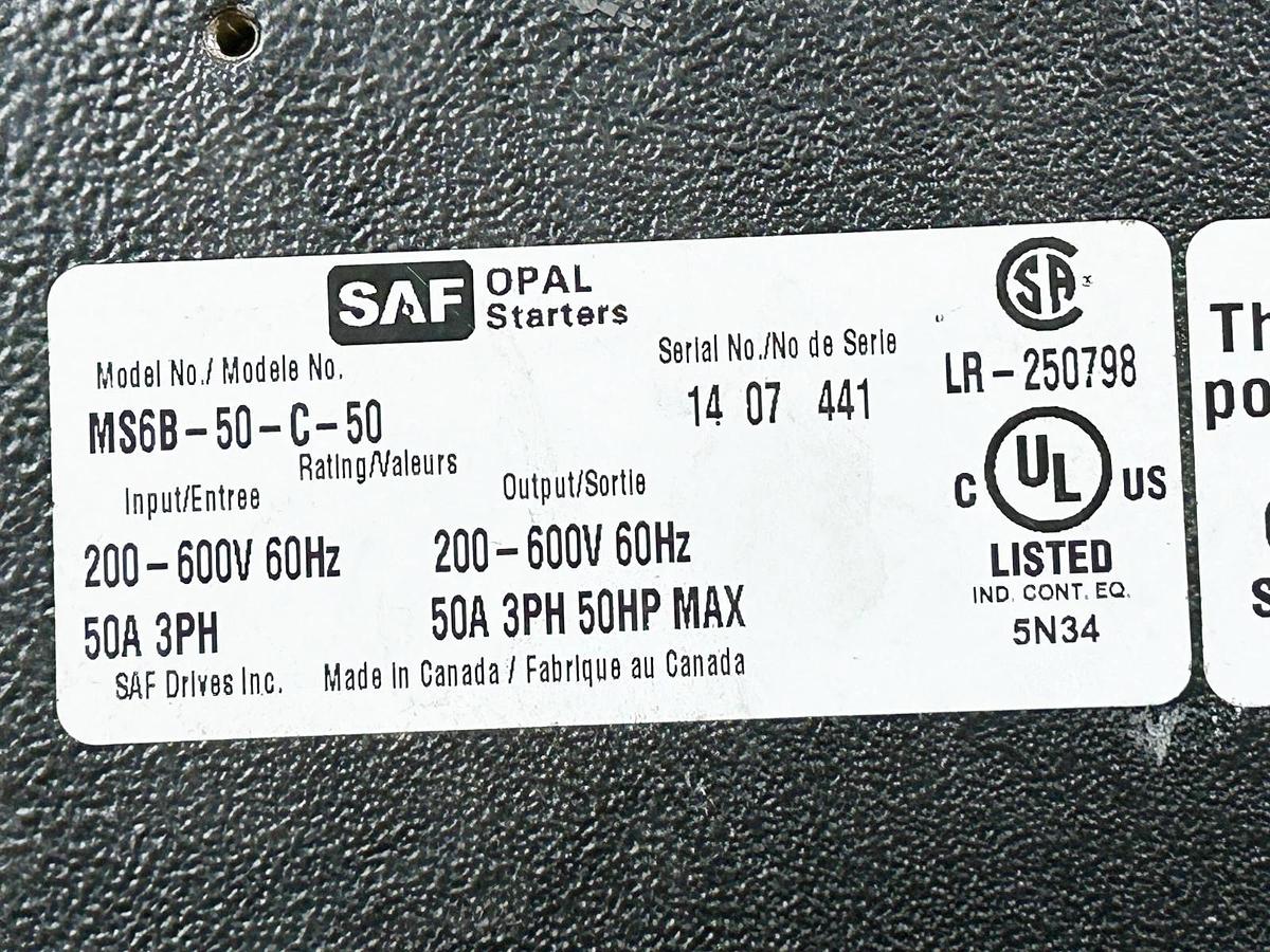 Used SAF Drive Opal Pro MS6B-50-C-50 Starter 600V 50A 50HP 3PH