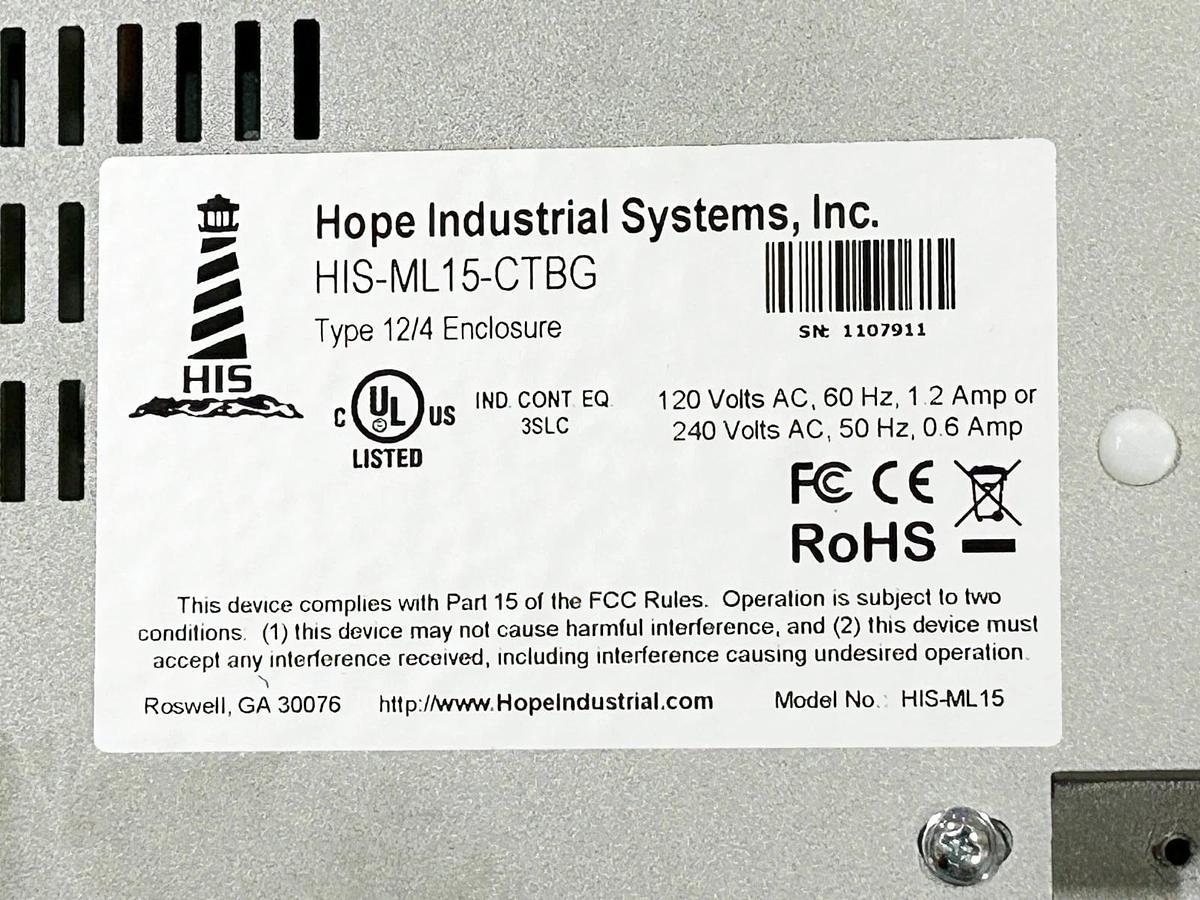 New Hope Industrial HIS-ML15-CTBG Touch Screen 15" Monitor 240V 1.2A