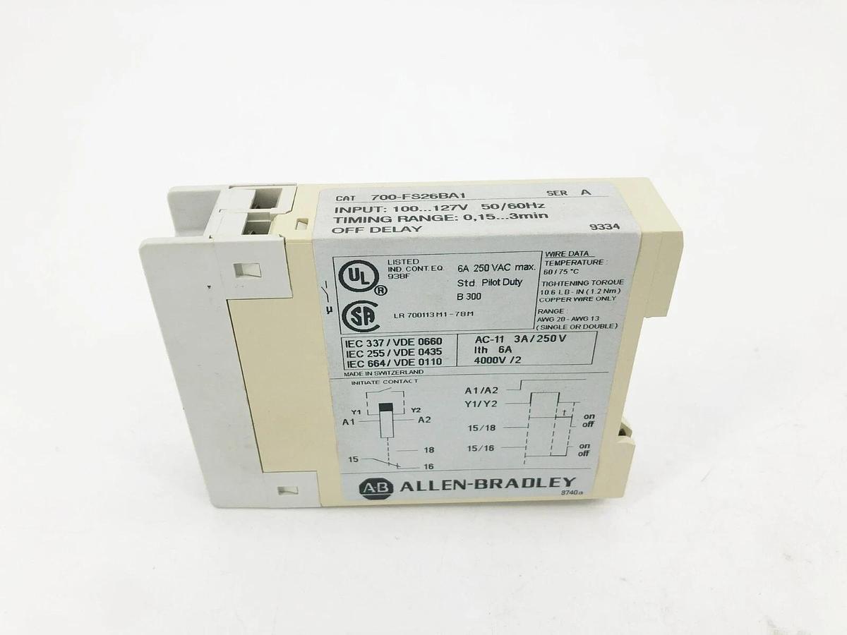 New Allen Bradley 700-FS26BA1 Ser. A Timing Relay 100-127V 0.15-3min Off-Delay