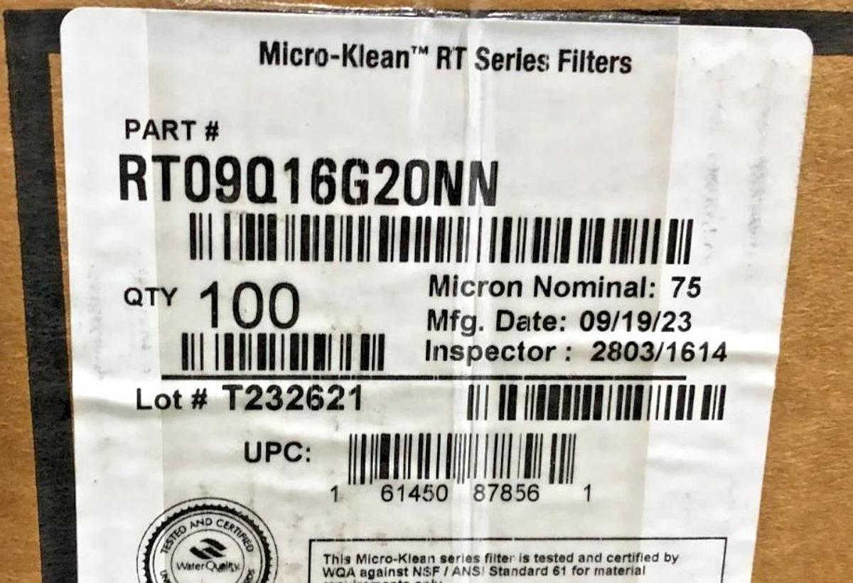 Box of 100 New 3M RT09Q16G20NN Filter Cartridges 75 Micron 9.75" 70020046176