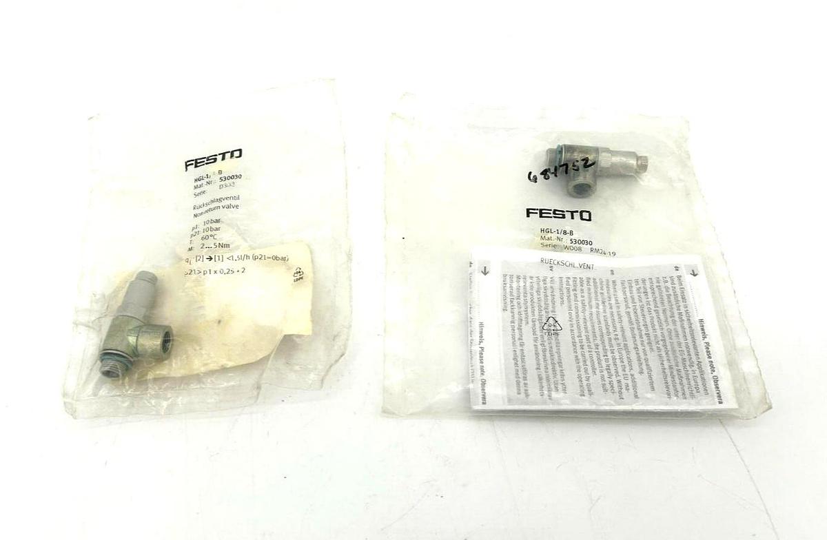 Lot of 2 New Festo HGL-1/8-B Piloted Non-Return Valves, 530030