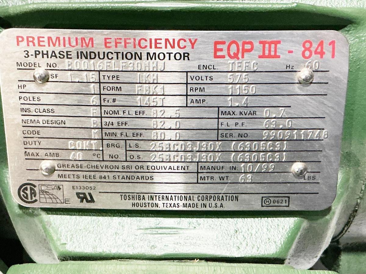 New Toshiba B0016FLF30MHJ Electric Motor 575V 1HP 1150RPM 1.4A FBK1 Form