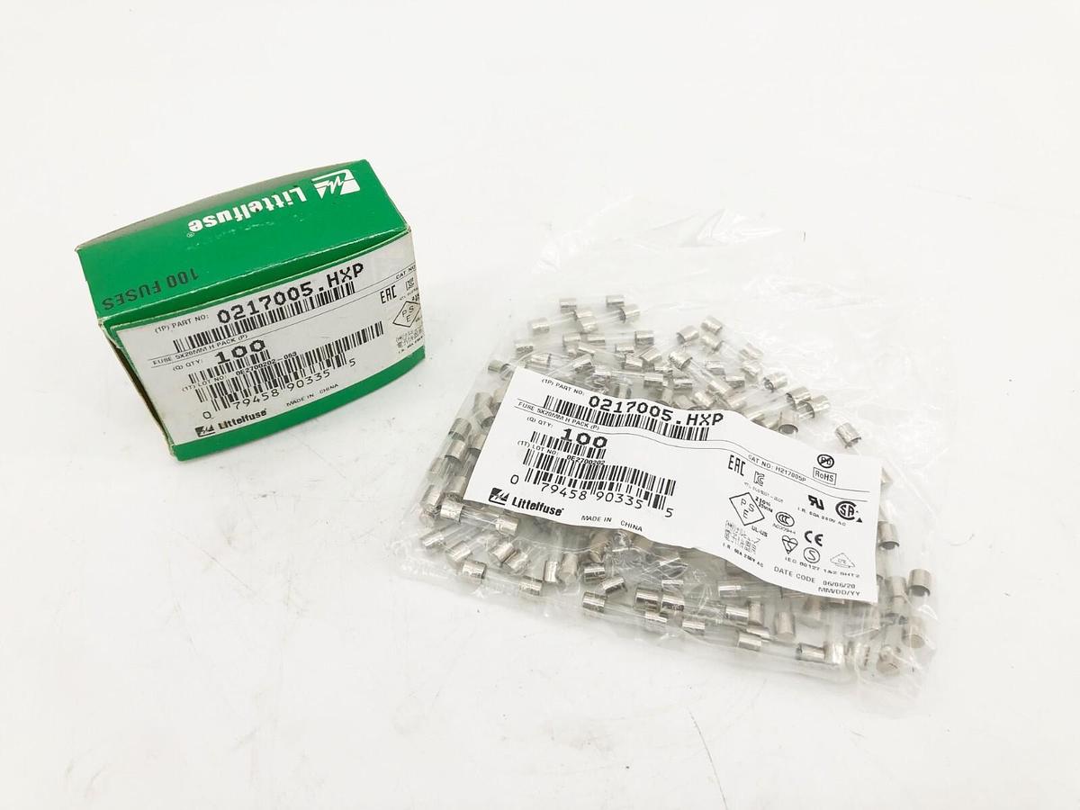 Box of 100 New Littelfuse 0217005.HXP Fast-Acting Cartridge Fuses 5A 5x20mm