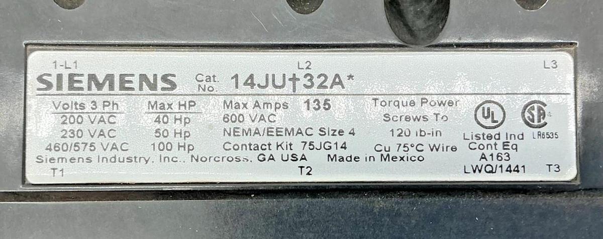 New Siemens 14JUH32AC Motor Starter 1NO 3-Pole 3PH 50-200A 240/480V - No Box