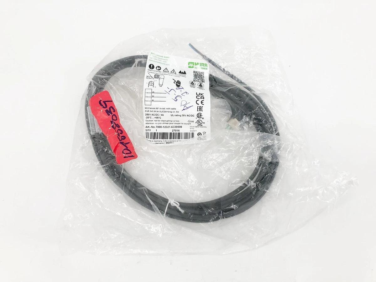 New Murr Elektronik 7000-12321-6330500 Cordset Right Angle M12 Black 22 AWG 4A