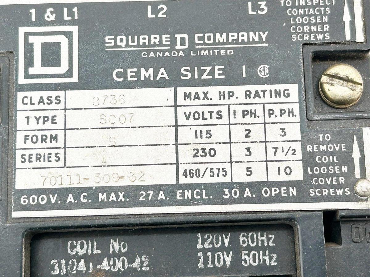 Used Square D 8736SCO7V02S Contactor Starter 575V 10HP NEMA Size 1