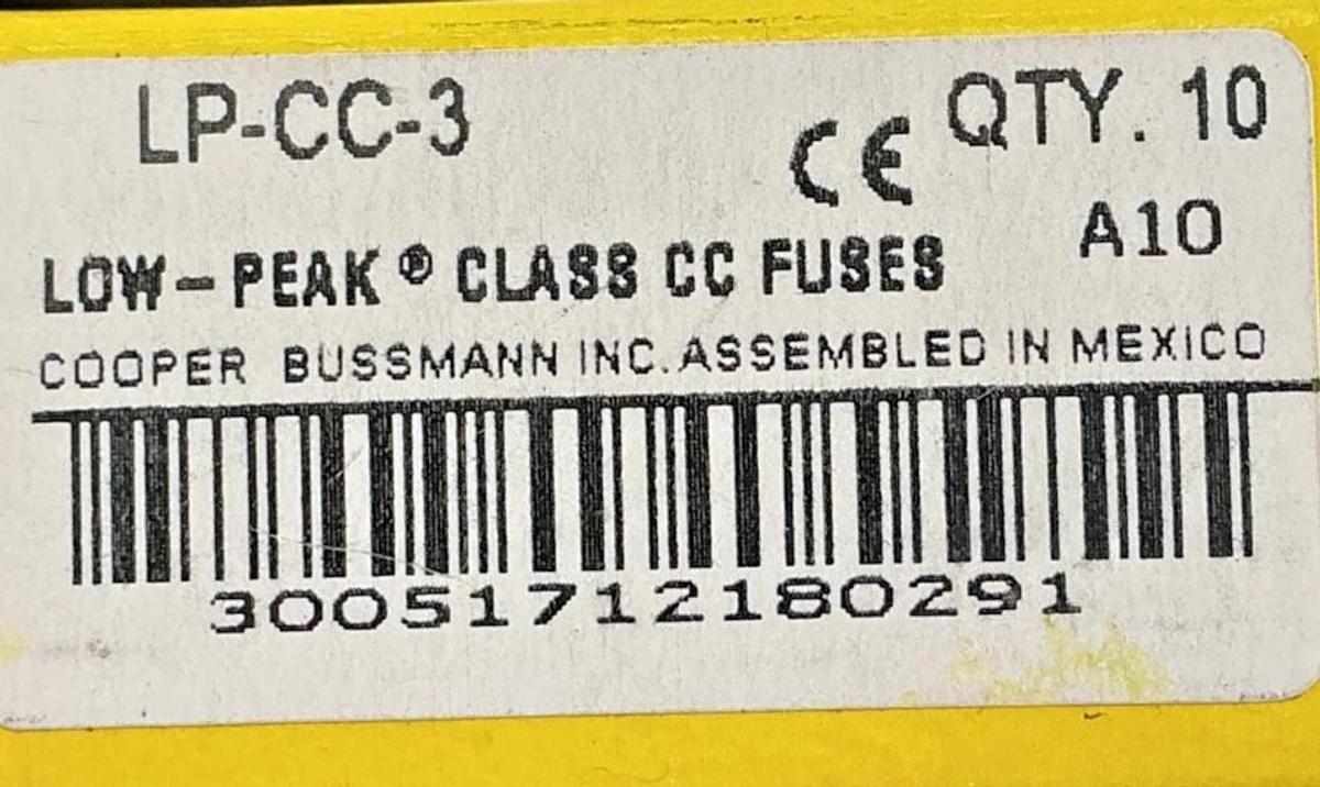 New Bussmann LP-CC-3 Low-Peak Time-Delay Class CC Fuse 3A 600V Box of 10