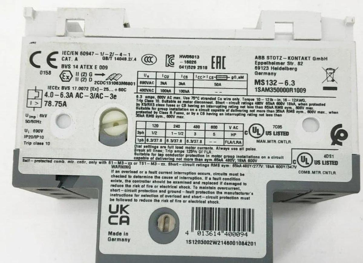 New ABB MS132-6.3 Manual Motor Starter 4-6.3A 690V 1SAM350000R1009