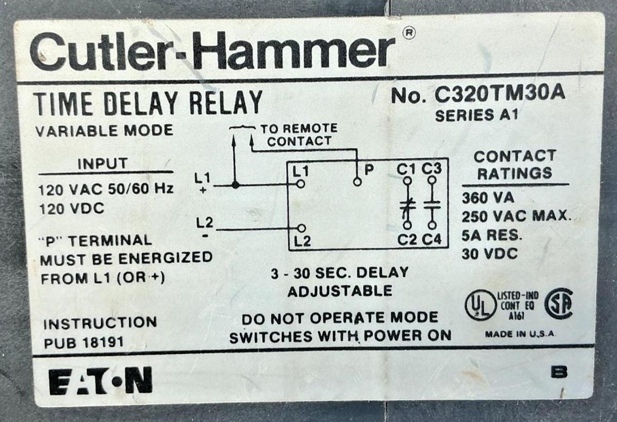 Used Eaton Cutler-Hammer C320TM30A Ser A1 Time Delay Relay Range 3-30sec 120V 50/60HZ
