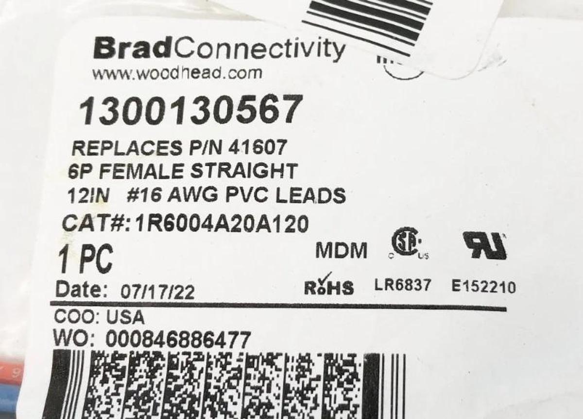 New Brad Connectivity 1300130567 Female Straight Receptacle 6P 12" #16 AWG
