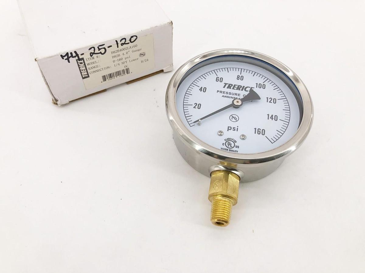New Trerice D82B4002LA160 Pressure Gauge D82B 4" 0-160psi 1/4" Lower OC