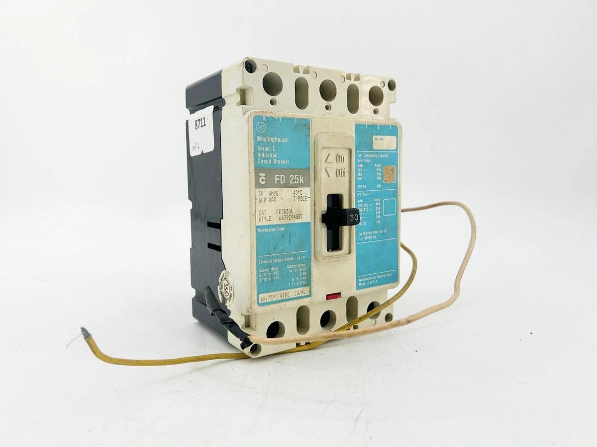 Used Westinghouse FD3030 Circuit Breaker 30A 3P 600V FD25K
