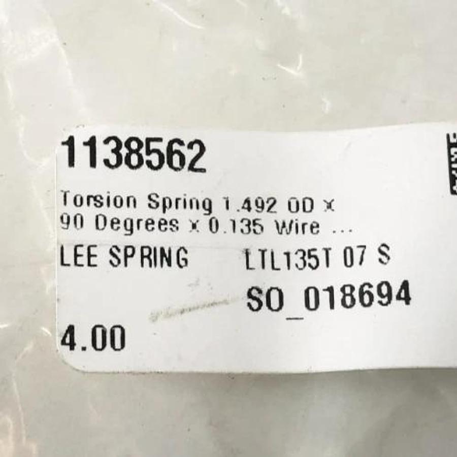 Lot of 4 New Lee Spring LTL135T 07 S Torsion Spring 1.492" OD 90 Deg. - No Box