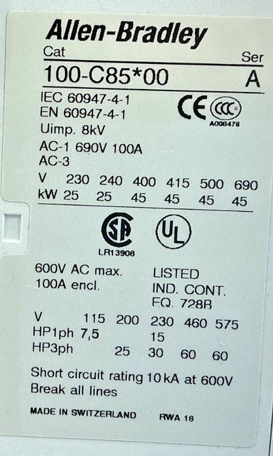 New Allen Bradley 100-C85B10 Ser A Contactor 3-Poles 1 NO Aux 440/480V 100C85*00