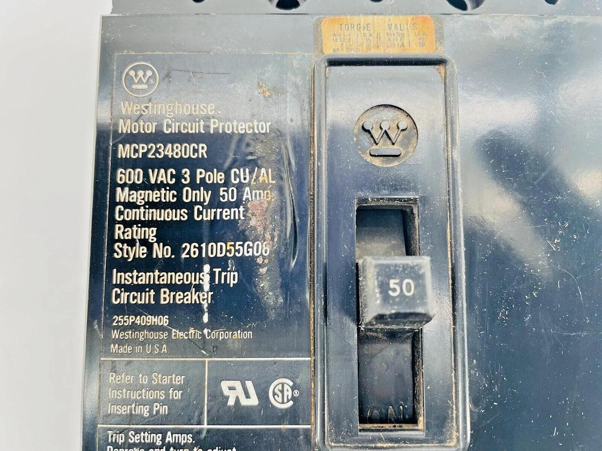Used Westinghouse MCP23480CR Circuit Breaker Motor Protector 600VAC 3P 50A