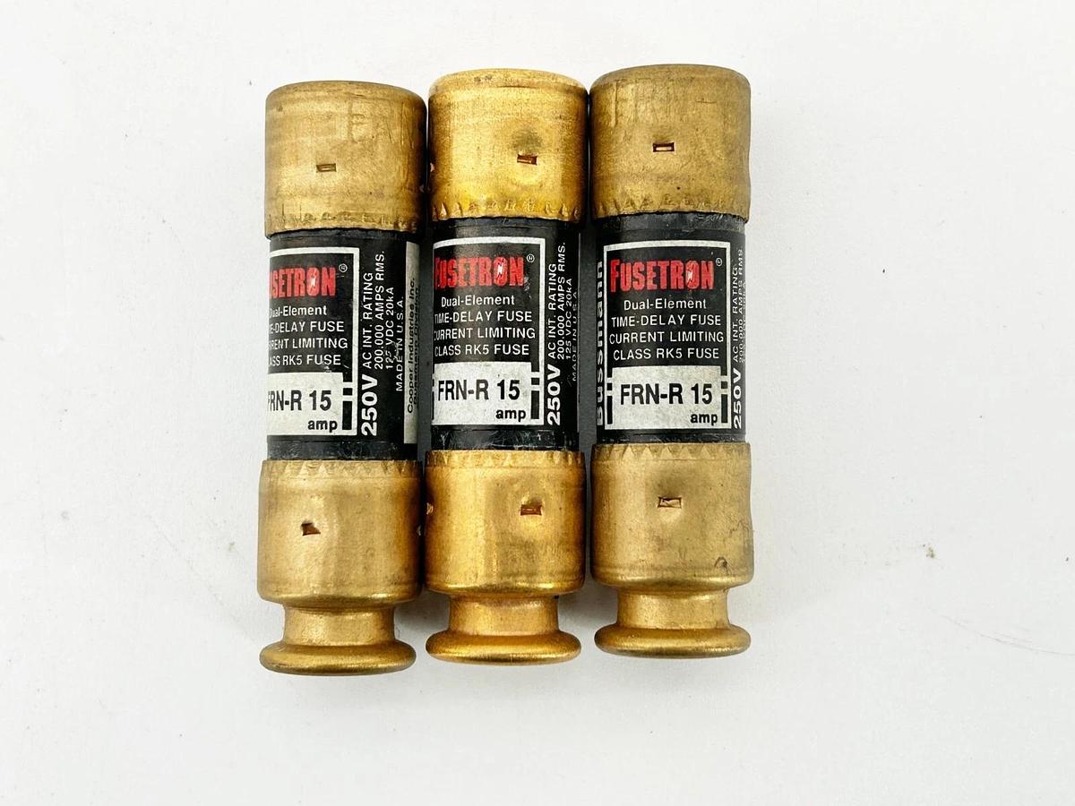 New Lot of 3 Bussmann FRN-R-15 Fusetron Dual Element Time Delay Fuse 15A 125VDC