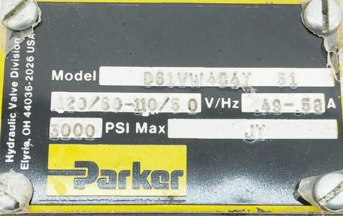 Used Parker D61VW4C4Y Directional Control Valve 110/120V 50/60Hz .48-.58A 3000psi