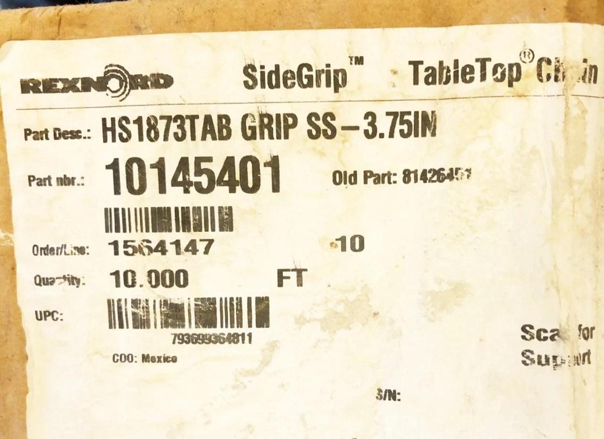 New Rexnord HS1873TAB GRIP SS-3.75IN TableTop Chain 10 FT 10145401 81426451