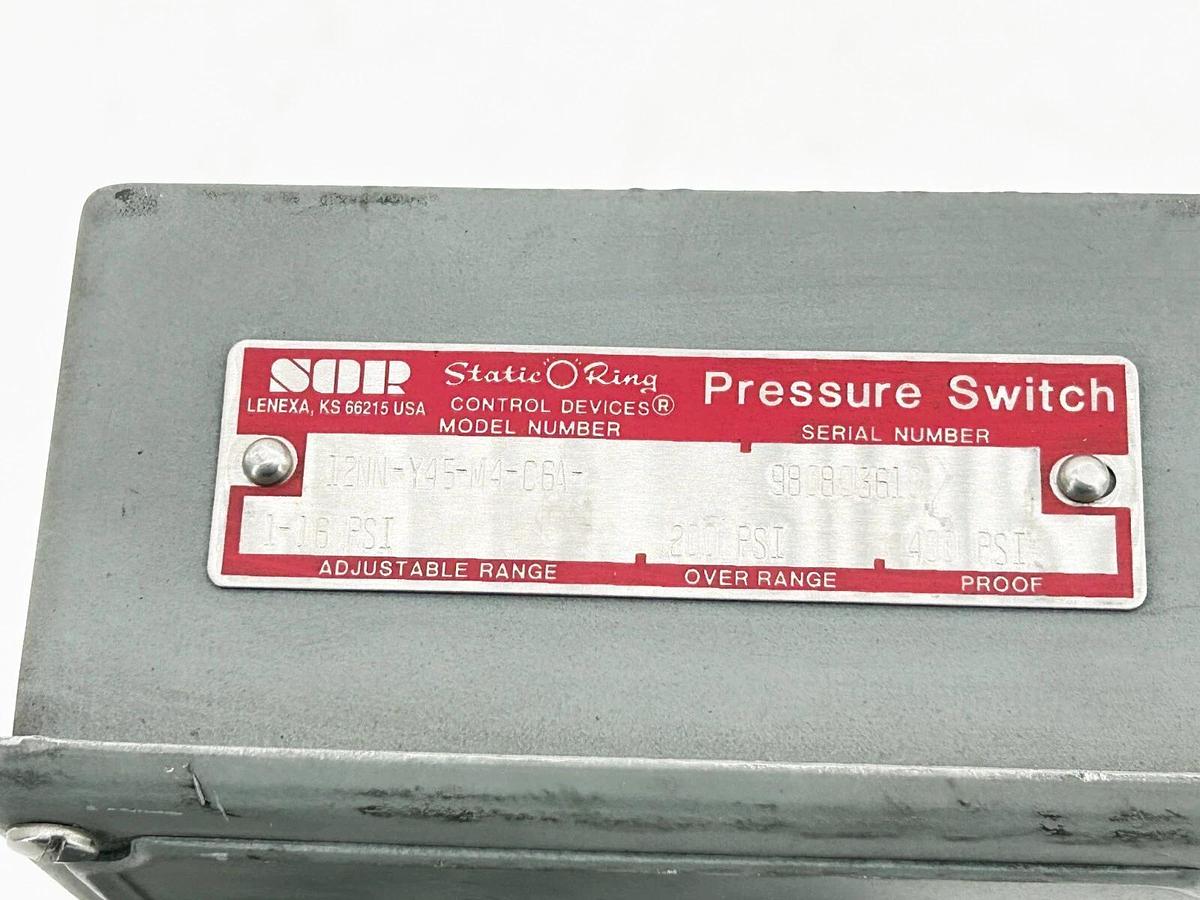 New SOR Controls 12NN-Y45-M4-C6A-1-16 Pressure Switch Adjustable Range 1-16PSI