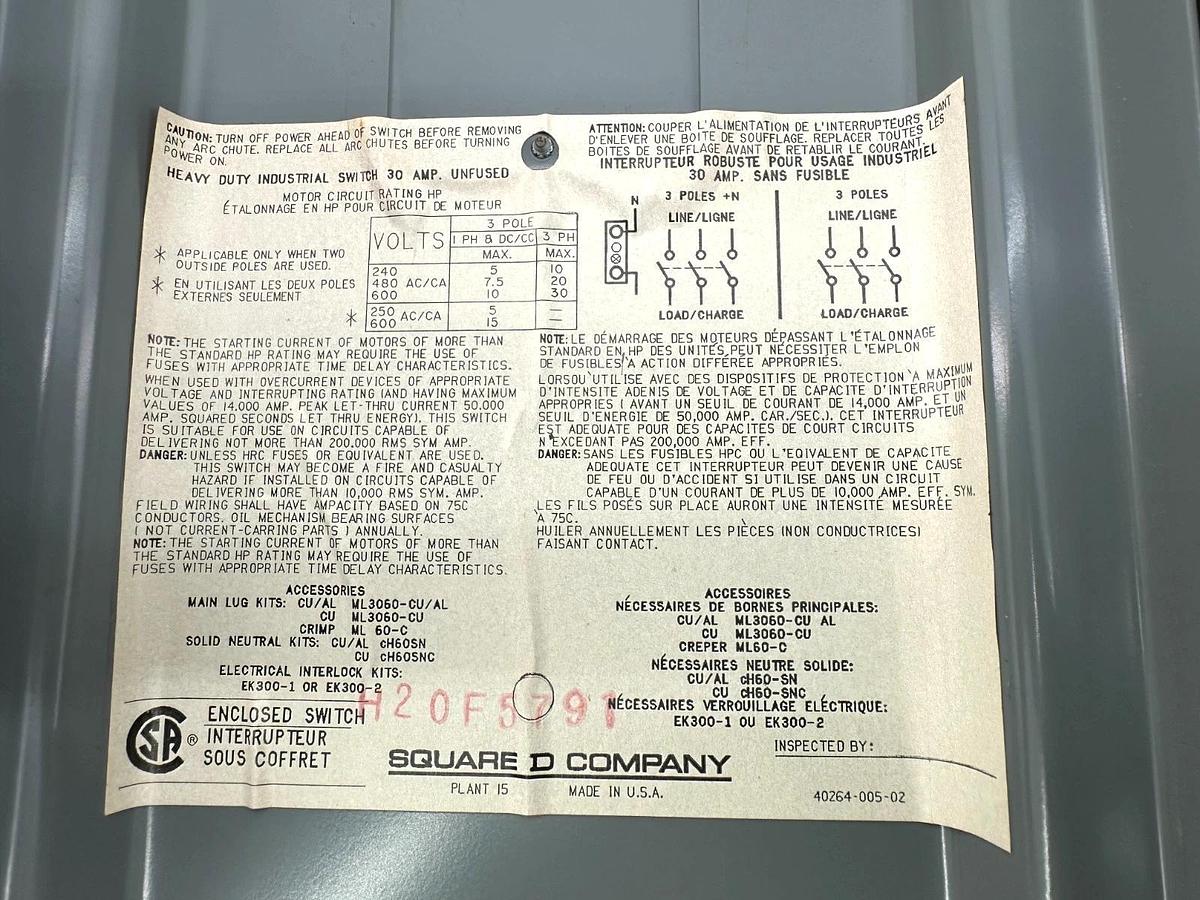 Used Square D H20F5791 Fusable Safety Disconnect 30A 600V 3P